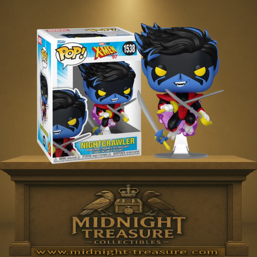 Funko Pop! X-Men ‘97 – Nightcrawler / Diablo (N°1538). Figurine dynamique du mutant bleu en pleine téléportation, avec sabres et costume rouge et noir.