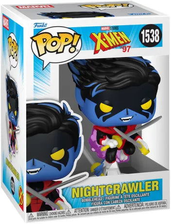 Funko Pop! X-Men ‘97 – Nightcrawler / Diablo (N°1538). Figurine dynamique du mutant bleu en pleine téléportation, avec sabres et costume rouge et noir.