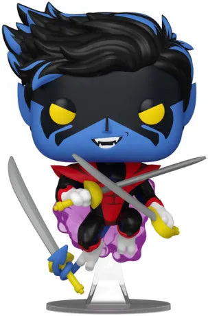 Funko Pop! X-Men ‘97 – Nightcrawler / Diablo (N°1538). Figurine dynamique du mutant bleu en pleine téléportation, avec sabres et costume rouge et noir.