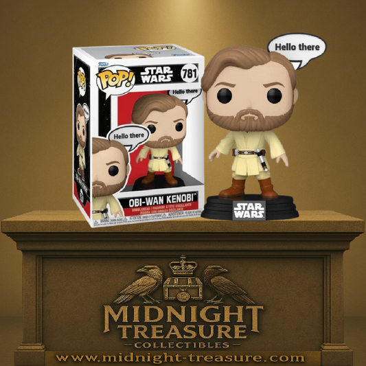 "Funko Pop! Star Wars – Obi-Wan Kenobi (781) – Hello There Edition. Figurine de Kenobi avec bulle de dialogue culte, tenue Jedi et socle Star Wars. Un must-have pour les fans de la saga."
