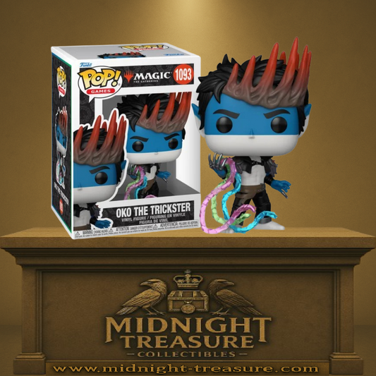 Funko Pop! Magic: The Gathering – Oko the Trickster (N°1093). Figurine d’Oko avec peau bleue, cheveux coiffés en pointes rouges, armure sombre et tentacules magiques colorés. Une pièce détaillée et culte pour les fans de Magic.