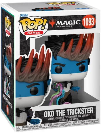 Funko Pop! Magic: The Gathering – Oko the Trickster (N°1093). Figurine d’Oko avec peau bleue, cheveux coiffés en pointes rouges, armure sombre et tentacules magiques colorés. Une pièce détaillée et culte pour les fans de Magic.