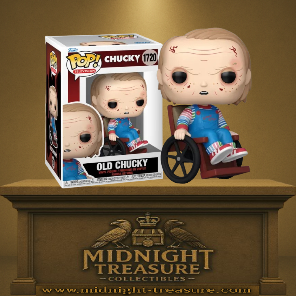 Funko Pop! Chucky (Série TV) – Old Chucky (N°1720). Figurine de Chucky vieillissant, ridé et assis dans un fauteuil roulant avec salopette Good Guys. Une version sombre et unique pour les fans d’horreur.