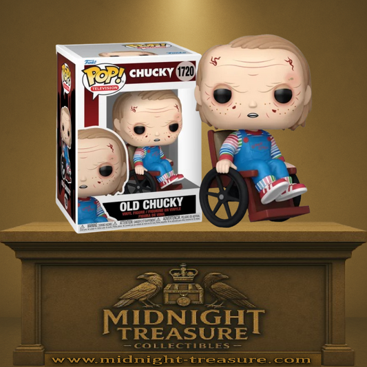 Funko Pop! Chucky (Série TV) – Old Chucky (N°1720). Figurine de Chucky vieillissant, ridé et assis dans un fauteuil roulant avec salopette Good Guys. Une version sombre et unique pour les fans d’horreur.