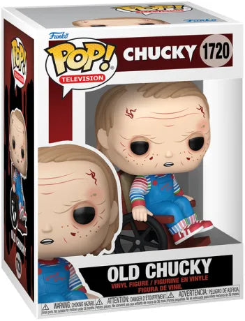 Funko Pop! Chucky (Série TV) – Old Chucky (N°1720). Figurine de Chucky vieillissant, ridé et assis dans un fauteuil roulant avec salopette Good Guys. Une version sombre et unique pour les fans d’horreur.