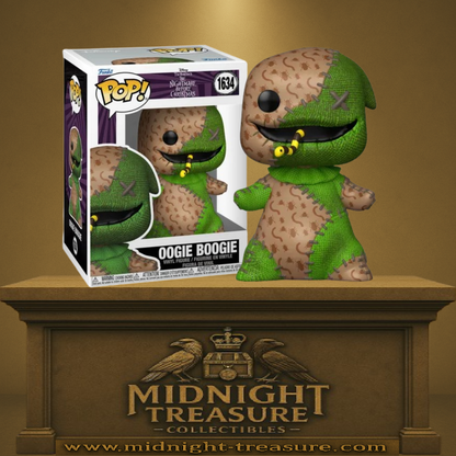 Funko Pop! The Nightmare Before Christmas – Oogie Boogie Patchwork (N°1634). Oogie Boogie en version patchwork vert et beige avec ver sortant de la bouche. Figurine texturée fidèle au film.