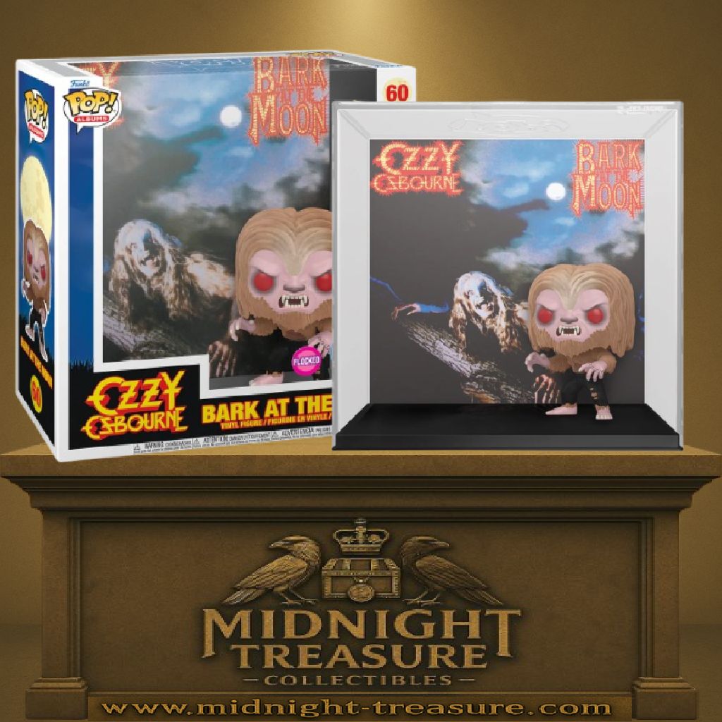 Funko Pop! Albums – Ozzy Osbourne – Bark at the Moon (N°60, Flocked Edition). Figurine du prince du metal en loup-garou devant la pochette mythique de l’album.