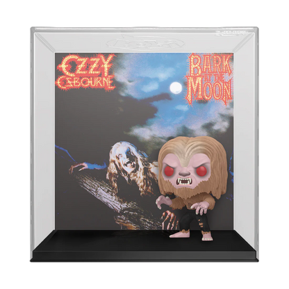 Funko Pop! Albums – Ozzy Osbourne – Bark at the Moon (N°60, Flocked Edition). Figurine du prince du metal en loup-garou devant la pochette mythique de l’album.