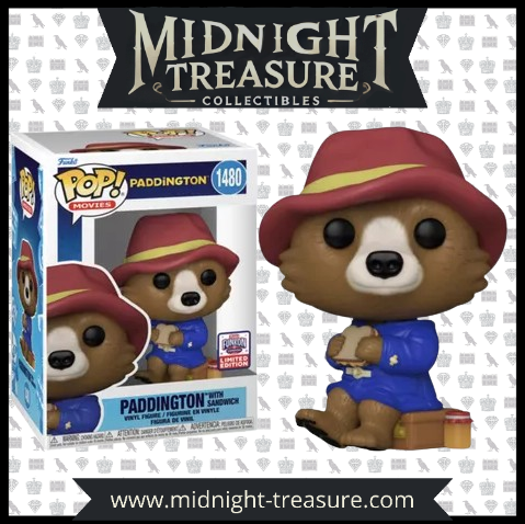 Figurine Funko Pop! Paddington with Sandwich (1480), représentant l'ourson emblématique assis avec son sandwich à la marmelade, portant son manteau bleu et son chapeau rouge, en édition limitée FunKon Exclusive