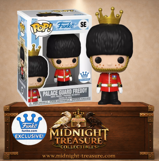 Funko Pop! Palace Guard Freddy représentant Freddy Funko en garde royal britannique avec couronne et sticker Funko Exclusive.