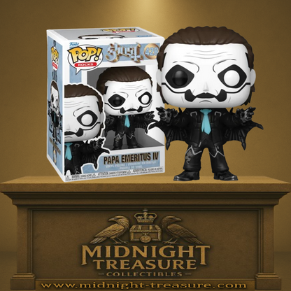 Funko Pop! Ghost – Papa Emeritus IV (N°428). Figurine stylisée du leader de Ghost en tenue noire, maquillage iconique et cravate turquoise.