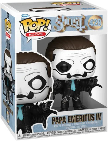 Funko Pop! Ghost – Papa Emeritus IV (N°428). Figurine stylisée du leader de Ghost en tenue noire, maquillage iconique et cravate turquoise.