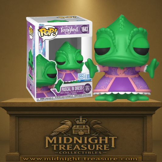 Funko Pop! Tangled â Pascal en robe (N°1643). Figurine du camĂ©lĂ©on en robe violette.