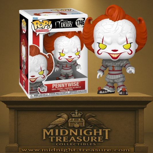Funko Pop! Ça – Pennywise (N°1746, Welcome to Derry). Figurine du clown maléfique avec costume victorien et yeux jaunes terrifiants. Une pièce incontournable pour les fans d’horreur et de Stephen King.