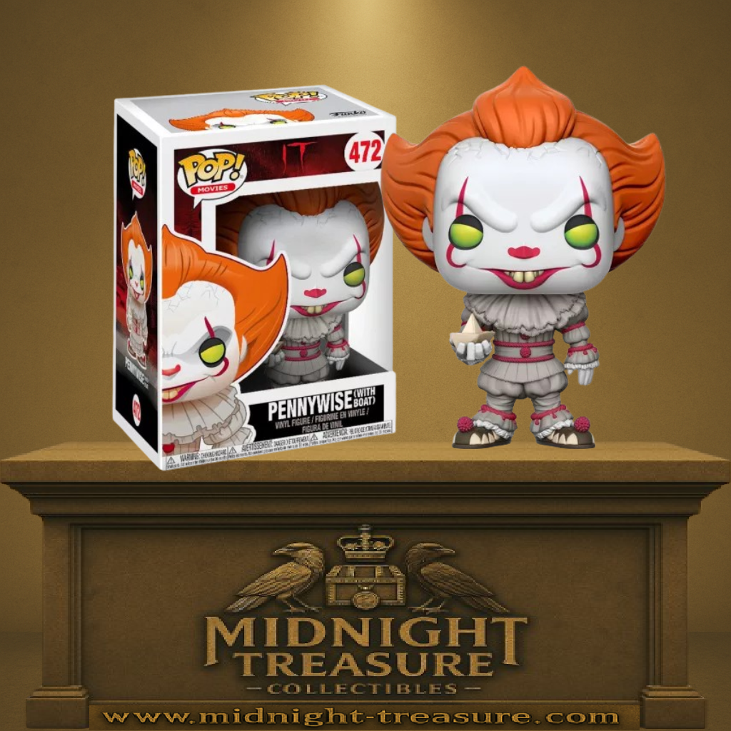 Funko Pop! IT – Pennywise (N°472) avec bateau. Le célèbre clown maléfique tenant le bateau de Georgie. Une figurine glaçante pour tous les fans d’horreur et de Stephen King.