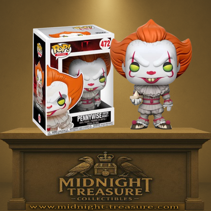Funko Pop! IT – Pennywise (N°472) avec bateau. Le célèbre clown maléfique tenant le bateau de Georgie. Une figurine glaçante pour tous les fans d’horreur et de Stephen King.