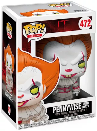 Funko Pop! IT – Pennywise (N°472) avec bateau. Le célèbre clown maléfique tenant le bateau de Georgie. Une figurine glaçante pour tous les fans d’horreur et de Stephen King.