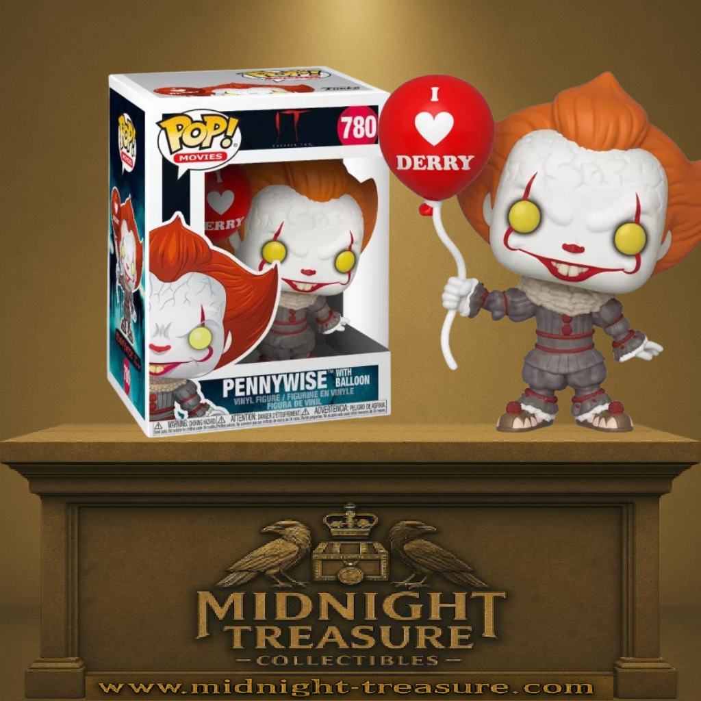 Funko Pop! Ça – Pennywise avec ballon “I ❤️ Derry” – N°780. Pennywise dans son costume victorien gris, tenant un ballon rouge iconique. Une figurine effrayante parfaite pour les fans de Stephen King et d’horreur.

