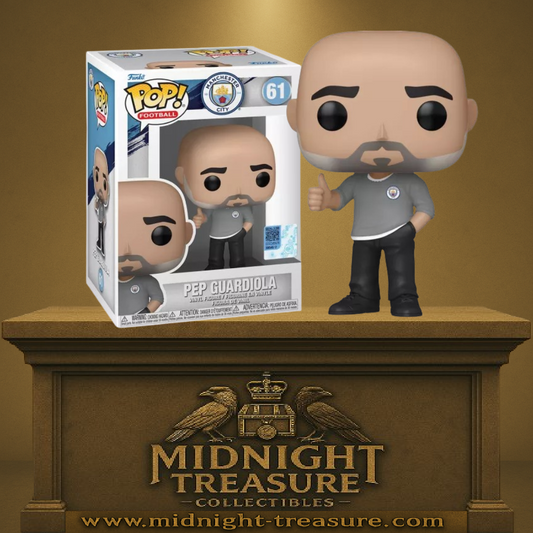 Funko Pop! Manchester City – Pep Guardiola (N°61). Figurine représentant l’entraîneur avec un pouce levé et le logo officiel du club. Un indispensable pour les fans de football.