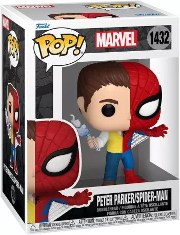 Funko Pop! Marvel – Peter Parker / Spider-Man (N°1432). Figurine divisée en deux, représentant Peter Parker en civil avec une fiole de chimie et Spider-Man en costume. Un visuel symbolique parfait pour les fans de Marvel.