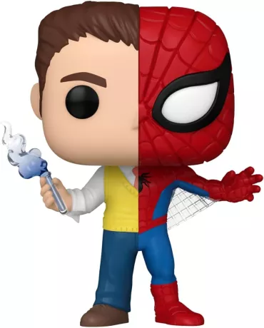 Funko Pop! Marvel – Peter Parker / Spider-Man (N°1432). Figurine divisée en deux, représentant Peter Parker en civil avec une fiole de chimie et Spider-Man en costume. Un visuel symbolique parfait pour les fans de Marvel.