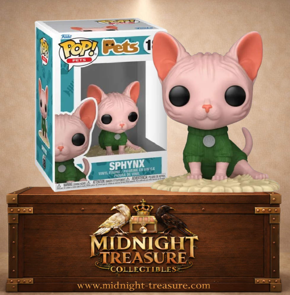 Funko Pop! Pets N°18 Sphynx, chat rose à la peau plissée portant un pull vert et assis sur un coussin beige.