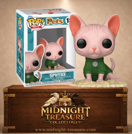 Funko Pop! Pets N°18 Sphynx, chat rose à la peau plissée portant un pull vert et assis sur un coussin beige.