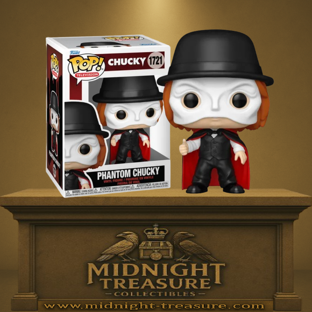 Funko Pop! Chucky – Phantom Chucky (N°1721). Figurine inspirée de la série télévisée Chucky (2025), avec masque blanc, chapeau noir, costume sombre et cape rouge. Une pièce terrifiante et unique pour les fans de Chucky et du cinéma d’horreur.