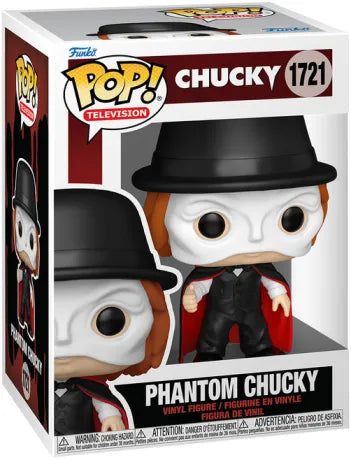 Funko Pop! Chucky – Phantom Chucky (N°1721). Figurine inspirée de la série télévisée Chucky (2025), avec masque blanc, chapeau noir, costume sombre et cape rouge. Une pièce terrifiante et unique pour les fans de Chucky et du cinéma d’horreur.
