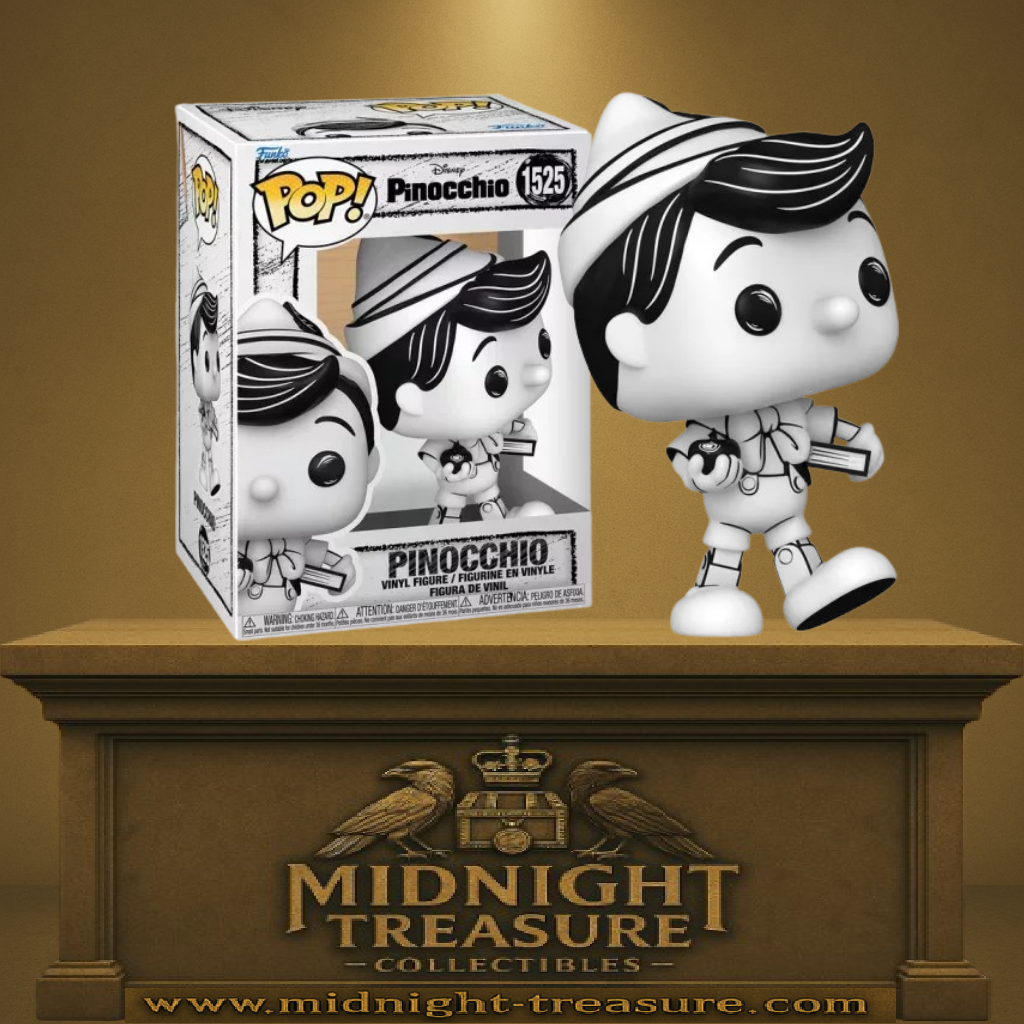 Funko Pop! Disney – Pinocchio (N°1525). Version esquisse noir et blanc avec livre et pomme. Figurine stylisée et artistique pour les fans Disney.