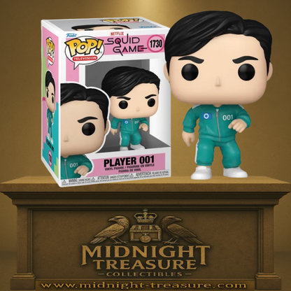 Funko Pop! Squid Game – Player 001 (N°1730, Saison 2). Figurine représentant le Front Man infiltré en joueur 001 avec son survêtement vert. Une pièce clé et iconique pour les fans de Squid Game.