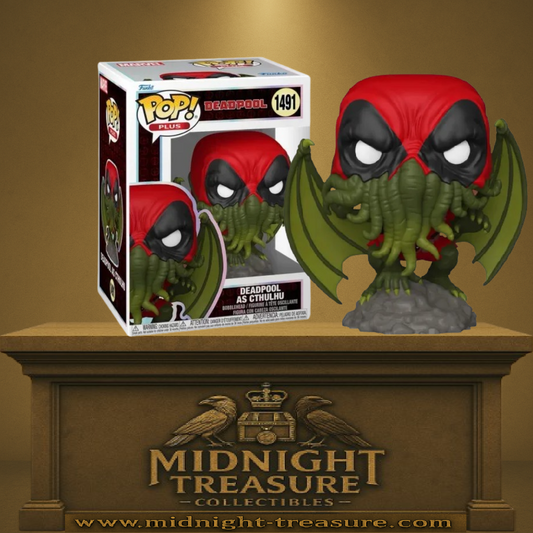 Funko Pop! Plus Marvel – Deadpool as Cthulhu (N°1491). Deadpool fusionné avec une créature tentaculaire ailée inspirée de Cthulhu, sur socle rocheux.