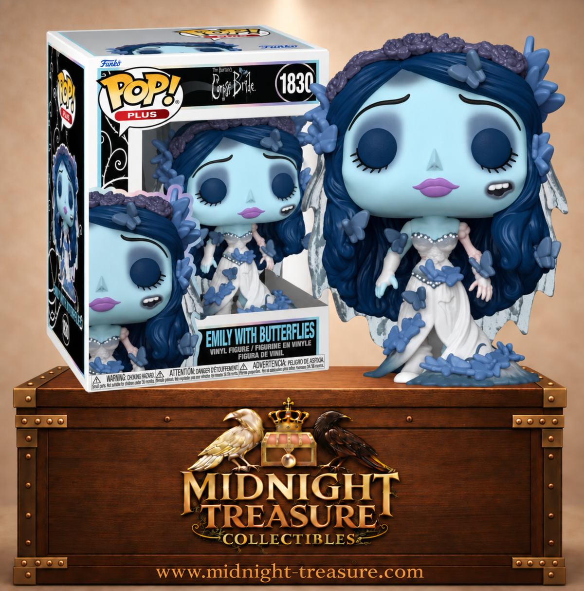 Funko Pop! Plus N°1830 Emily des Noces funèbres avec robe de mariée, voile, cheveux bleu nuit et nombreux papillons bleus.