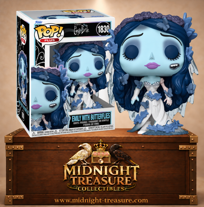 Funko Pop! Plus N°1830 Emily des Noces funèbres avec robe de mariée, voile, cheveux bleu nuit et nombreux papillons bleus.