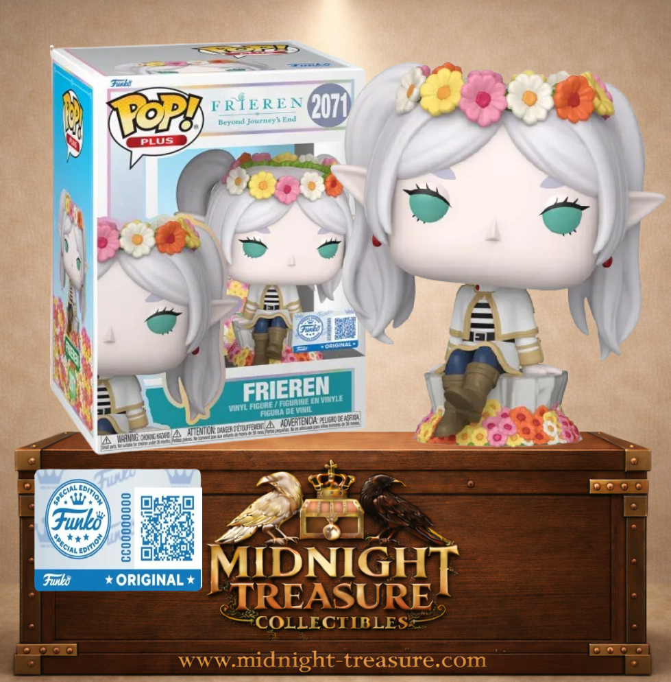 Funko Pop! Plus N°2071 – Frieren assise sur un tronc entouré de fleurs avec une couronne florale inspirée de Frieren : Au-delà de la Fin du Voyage.