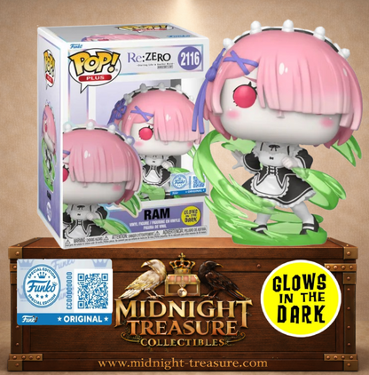 Funko Pop! Plus N°2116 – Ram Wind Magic Glow in the Dark utilisant sa magie du vent avec effets verts lumineux inspirée de Re:ZERO – Re:vivre dans un autre monde à partir de zéro.