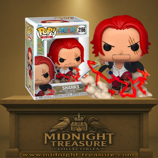Funko Pop! One Piece – Shanks (N°2166). Shanks le Roux en posture de combat avec sabre et effets rouges de Haki des Rois, figurine Pop! Plus détaillée.