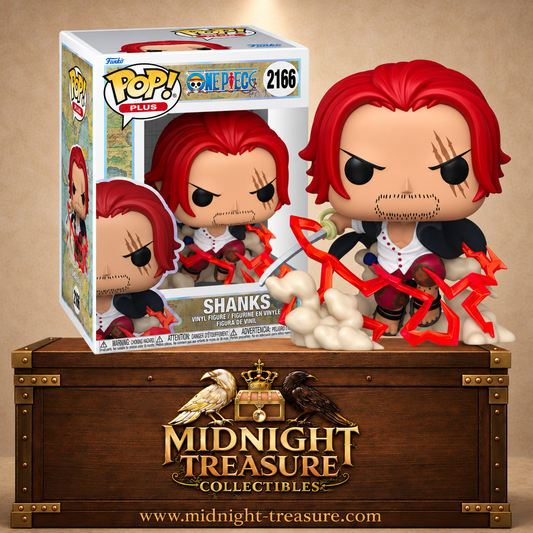 Funko Pop! Plus N°2166 Shanks de One Piece avec sabre dégainé, cape noire et effets d’énergie rouges.