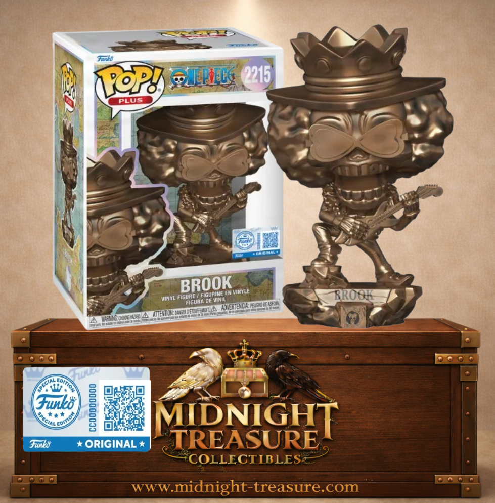 Funko Pop! Plus N°2215 – Brook Statue (Bronze) (Statue de Brook – Bronze) de One Piece, Funko Exclusive (Exclusivité Funko), avec finition bronze métallique, instrument et socle gravé Brook.