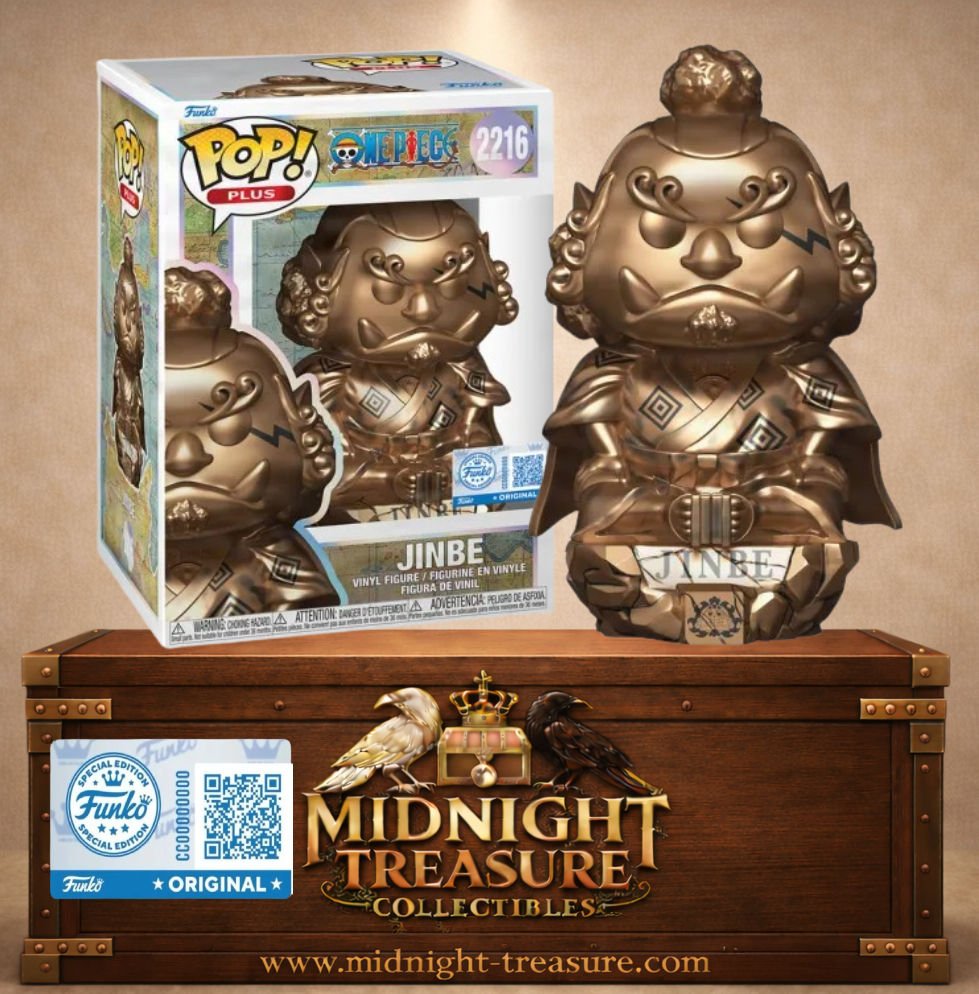 Funko Pop! Plus N°2216 Jinbe Statue de One Piece, figurine entièrement finition bronze avec kimono, cape et socle gravé Jinbe.