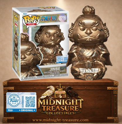 Funko Pop! Plus N°2216 Jinbe Statue de One Piece, figurine entièrement finition bronze avec kimono, cape et socle gravé Jinbe.