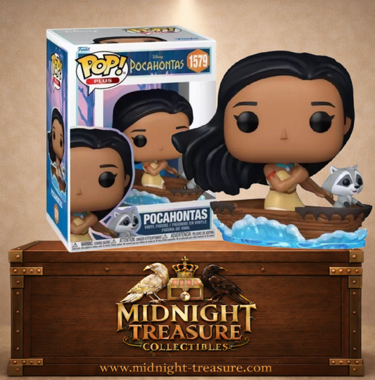 "Funko Pop! Disney – Pocahontas (1579) – Figurine de Pocahontas dans une pirogue avec Meeko et des effets d’eau. Une scène culte en hommage à la nature et à l’aventure