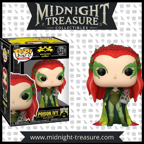 "Funko Pop! Batman & Robin – Poison Ivy (531). La redoutable botaniste transformée en séductrice végétale, avec ses feuilles emblématiques et un design fidèle au film. Une figurine incontournable pour les fans de l'univers DC Comics !"

