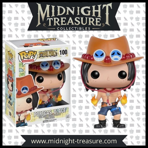 Funko Pop! One Piece 100 - Portgas D. Ace. Figurine exclusive représentant le frère de Luffy avec ses flammes du Mera Mera no Mi et son chapeau iconique. Design fidèle et détaillé, parfait pour collectionneurs et fans de One Piece.