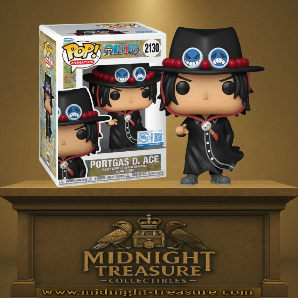 Funko Pop! One Piece – Portgas D. Ace (N°2130). Figurine détaillée d’Ace en tenue noire avec chapeau iconique de l’arc Egghead.