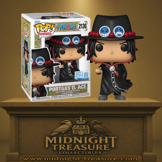 Funko Pop! One Piece – Portgas D. Ace (N°2130). Figurine détaillée d’Ace en tenue noire avec chapeau iconique de l’arc Egghead.