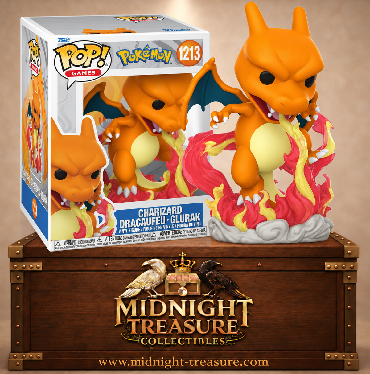 Funko Pop! Premium Games N°1213 Dracaufeu de Pokémon, ailes déployées, crachant du feu et entouré d’un tourbillon de flammes.