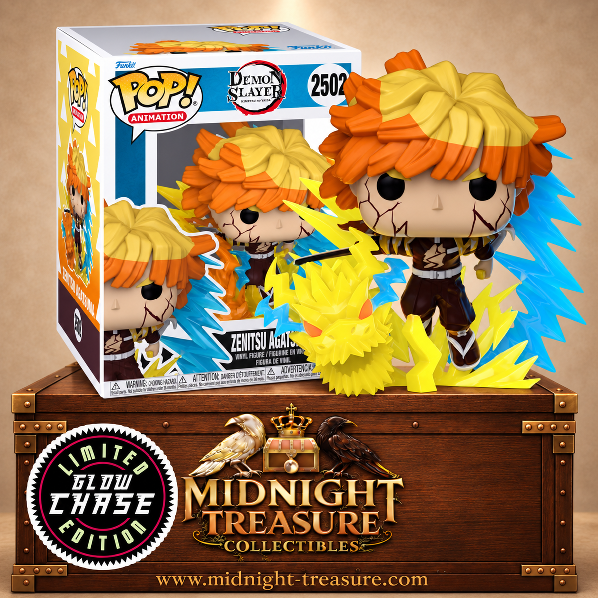 Funko Pop! Premium Animation N°2502 Zenitsu Agatsuma Chase Glow in the Dark de Demon Slayer avec sabre et dragon de foudre jaune et bleu.