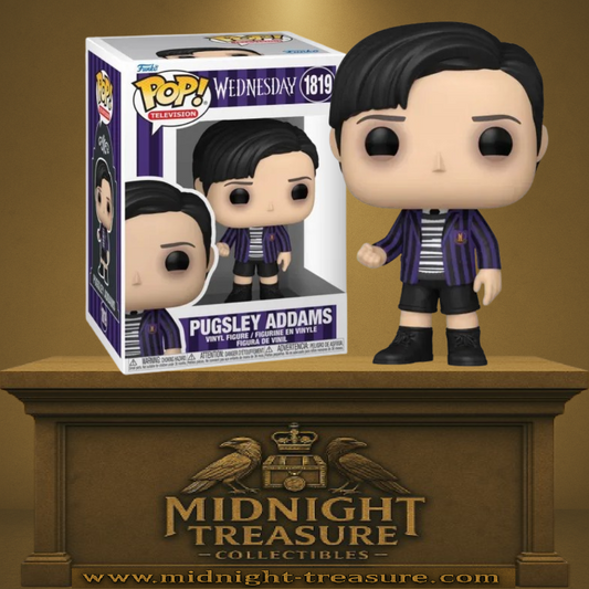 Funko Pop! Wednesday – Pugsley Addams (N°1819). Figurine représentant Pugsley en tenue rayée et veste violette, fidèle à son apparence dans la série Netflix. Une pièce incontournable pour les fans de la famille Addams.
