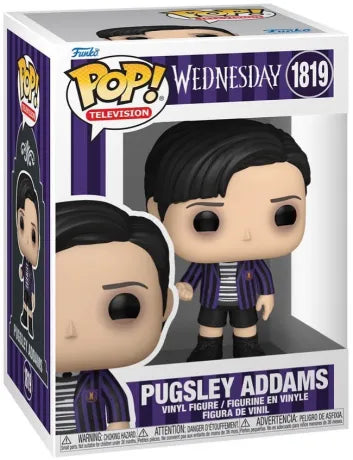 Funko Pop! Wednesday – Pugsley Addams (N°1819). Figurine représentant Pugsley en tenue rayée et veste violette, fidèle à son apparence dans la série Netflix. Une pièce incontournable pour les fans de la famille Addams.